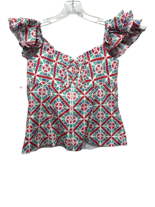 Caroline Constas Size L White, Red, Multi Cotton Floral Print Back Zip Top White, Red, Multi / L