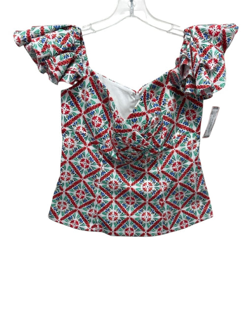 Caroline Constas Size L White, Red, Multi Cotton Floral Print Back Zip Top White, Red, Multi / L
