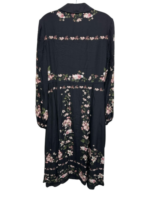 Erdem Size 10 Black, Pink & Green Silk Floral Long Balloon Sleeve Collared Dress Black, Pink & Green / 10