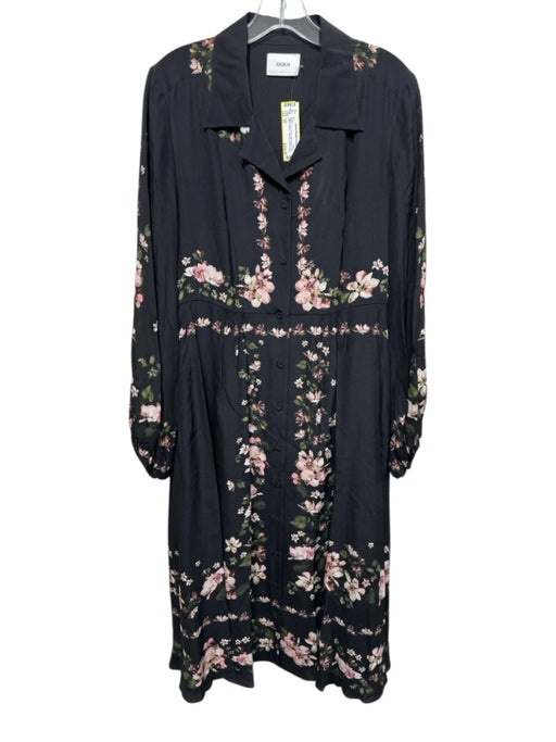 Erdem Size 10 Black, Pink & Green Silk Floral Long Balloon Sleeve Collared Dress Black, Pink & Green / 10