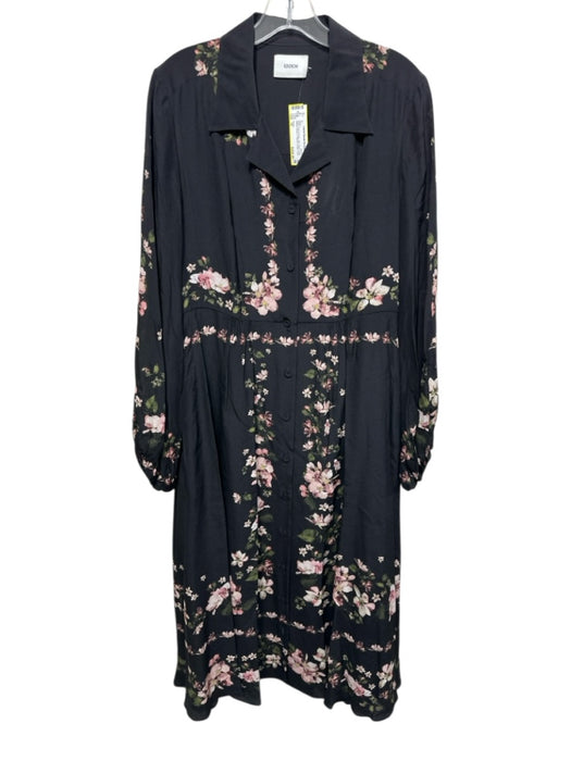 Erdem Size 10 Black, Pink & Green Silk Floral Long Balloon Sleeve Collared Dress Black, Pink & Green / 10