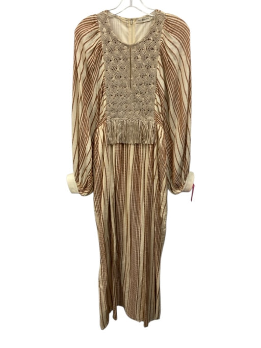 Tory Burch Size 10 Beige, Brown, Orange Viscose Half Sleeve Crochet detail Dress Beige, Brown, Orange / 10