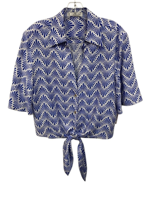 Mango Size Medium Blue & White Viscose Blend Elastic Waist Short Sleeve Pant Set Blue & White / Medium