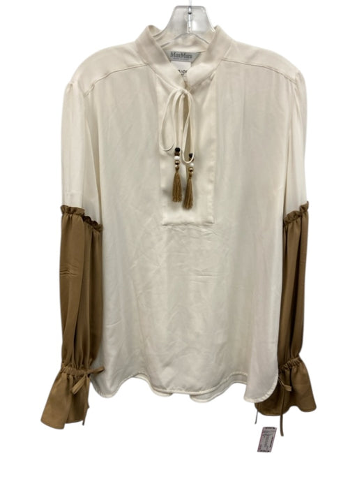 Max Mara Size 10 Cream & Brown Silk Long Sleeve Ruffles drawstring cuffs Top Cream & Brown / 10