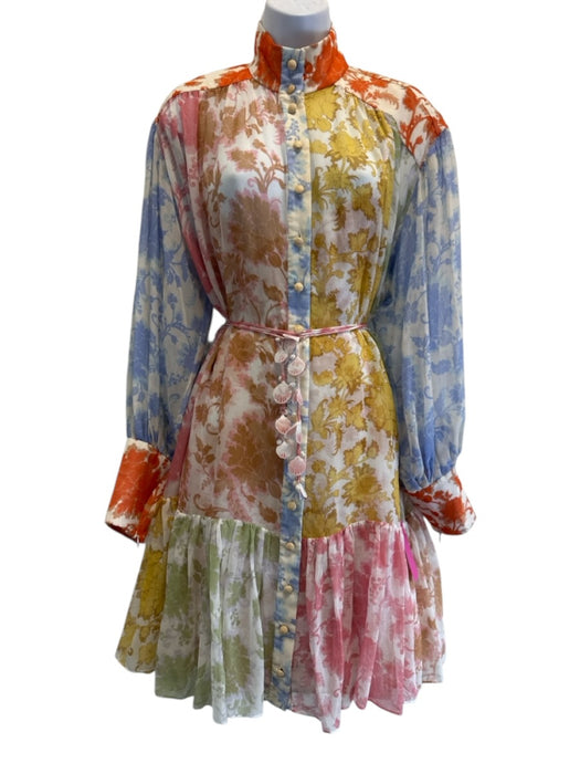 Zimmermann Size 3/L Blue, Orange, Multi Cotton & Silk Long puff sleeve Dress Blue, Orange, Multi / 3/L