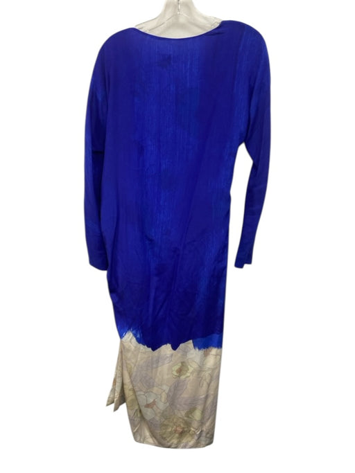 Dries Van Noten Size 42 Blue & Beige Silk Long Sleeve Pattern Block Midi Dress Blue & Beige / 42