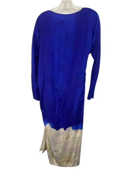 Dries Van Noten Size 42 Blue & Beige Silk Long Sleeve Pattern Block Midi Dress Blue & Beige / 42