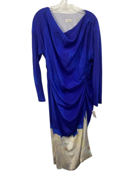 Dries Van Noten Size 42 Blue & Beige Silk Long Sleeve Pattern Block Midi Dress Blue & Beige / 42
