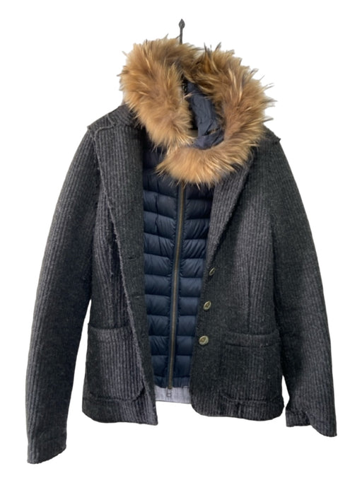 Marlino Size S Gray & Navy Polyester & Acrylic Sweater Puffed Fur Collar Jacket Gray & Navy / S