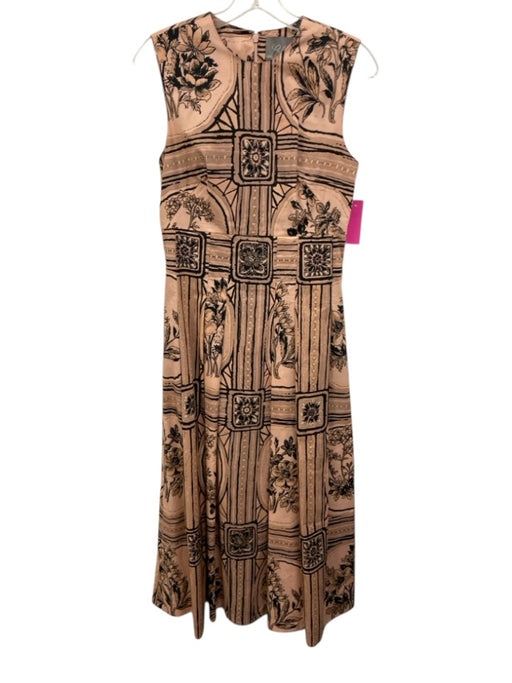 Lela Rose Size 4 Pink & Black Cotton Sleeveless Floral Back Zip Midi Dress Pink & Black / 4