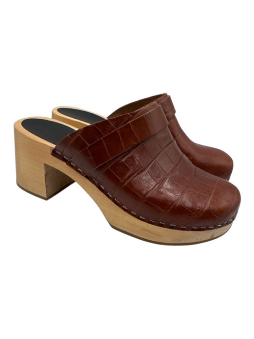 Swedish Hasbeens Shoe Size 39 Cognac Brown Leather Upper Croc Embossed Mules Cognac Brown / 39