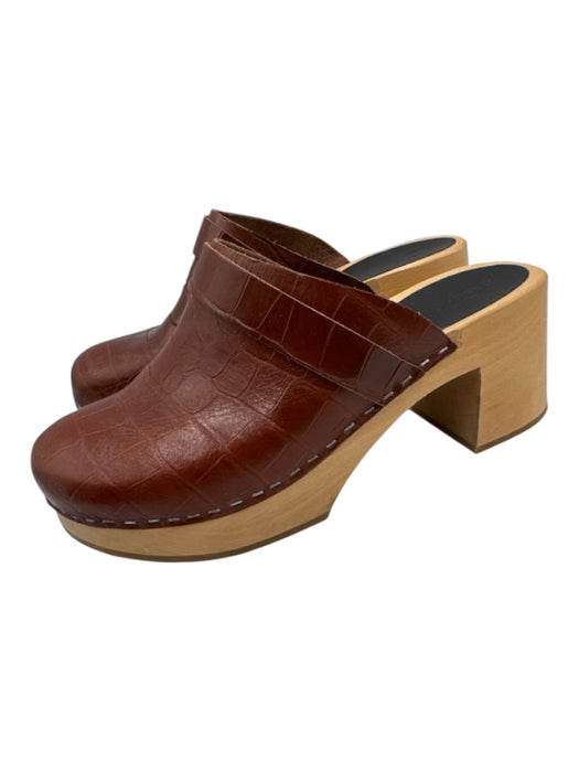 Swedish Hasbeens Shoe Size 39 Cognac Brown Leather Upper Croc Embossed Mules Cognac Brown / 39