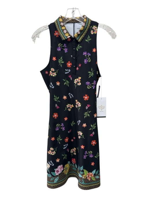 Johnny Was Active Size XS Black, Green, Multi Polyester Blend Flowers Polo Dress Black, Green, Multi / XS