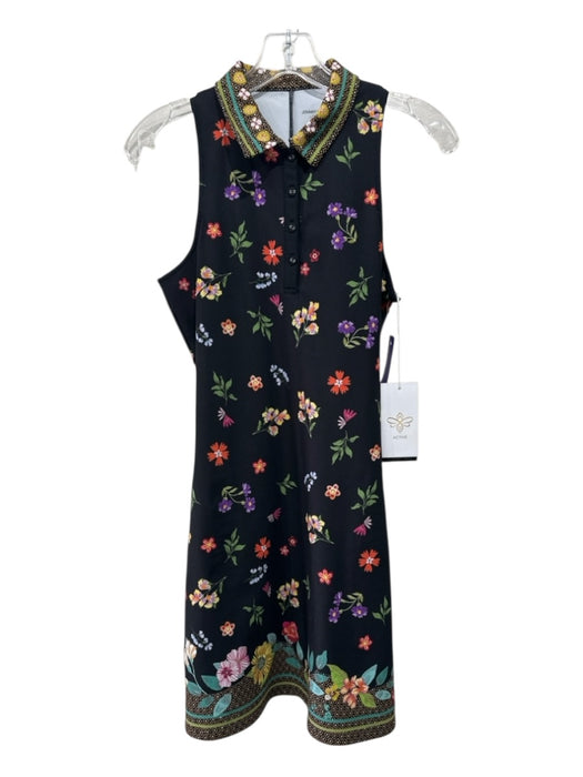 Johnny Was Active Size XS Black, Green, Multi Polyester Blend Flowers Polo Dress Black, Green, Multi / XS