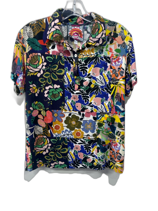 Johnny Was Size XS Black & Multi Viscose Short Sleeve Floral 1/2 Button Top Black & Multi / XS