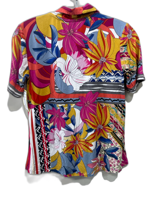 Johnny Was Size XS Pink & Multi Viscose Short Sleeve Floral Split Neck Top Pink & Multi / XS