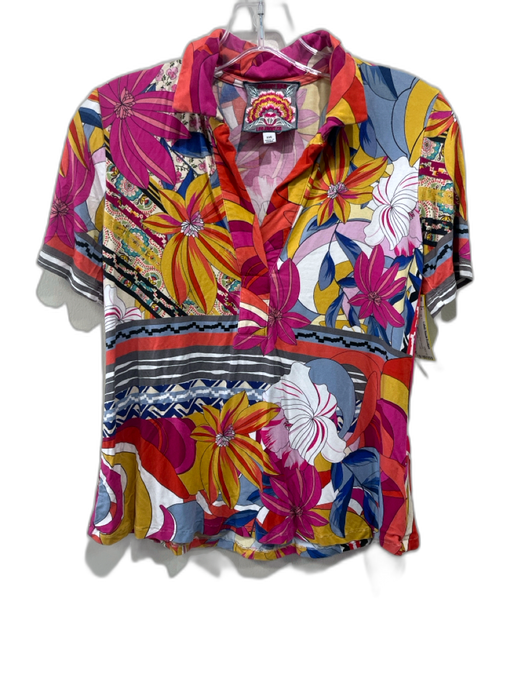 Johnny Was Size XS Pink & Multi Viscose Short Sleeve Floral Split Neck Top Pink & Multi / XS