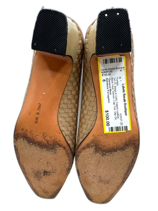 Salvatore Ferragamo Shoe Size 8 Beige & Gold Patent Leather Block Heel Pumps Beige & Gold / 8