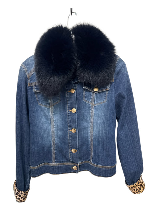 Blumarine Size 36 Denim & Navy Denim Fox Fur Animal Print Trim longsleeve Jacket Denim & Navy / 36