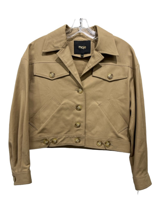 Maje Size 34 Khaki Beige Cotton Blend Collared Button Up Crop Jacket Khaki Beige / 34