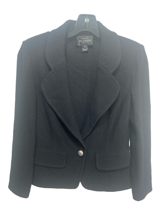 St John Boutique Size 6 Black Wool Blend Blazer Knit Shoulder Pads Jacket Black / 6