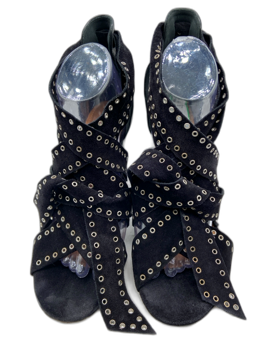 Isabel Marant Shoe Size 40 Black Suede Criss Cross Grommets Stacked Heel Sandals Black / 40