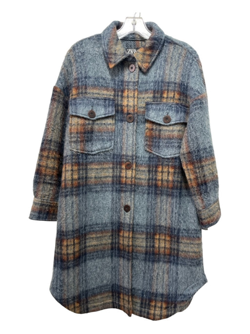 Zara Size XS Blue & Brown Acrylic Button Down Plaid Knee Length Coat Blue & Brown / XS