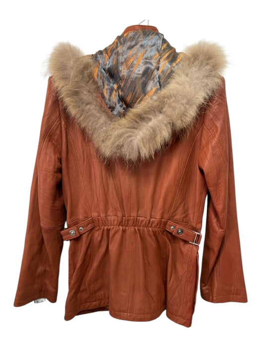 Adler Size S Burnt Orange Leather Zip Up Hood Faux Fur Hood Elastic Waist Coat Burnt Orange / S