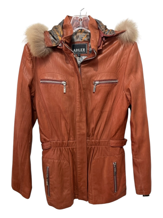 Adler Size S Burnt Orange Leather Zip Up Hood Faux Fur Hood Elastic Waist Coat Burnt Orange / S