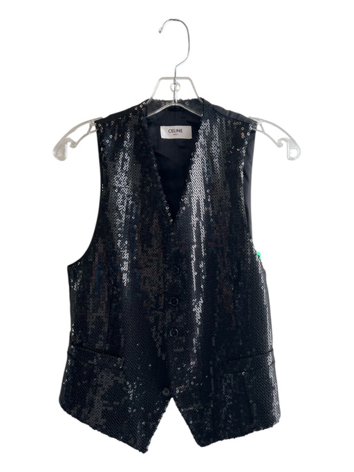 Celine Size 6 Black Polyester Sequin Front Button Closure V Neck Vest Black / 6