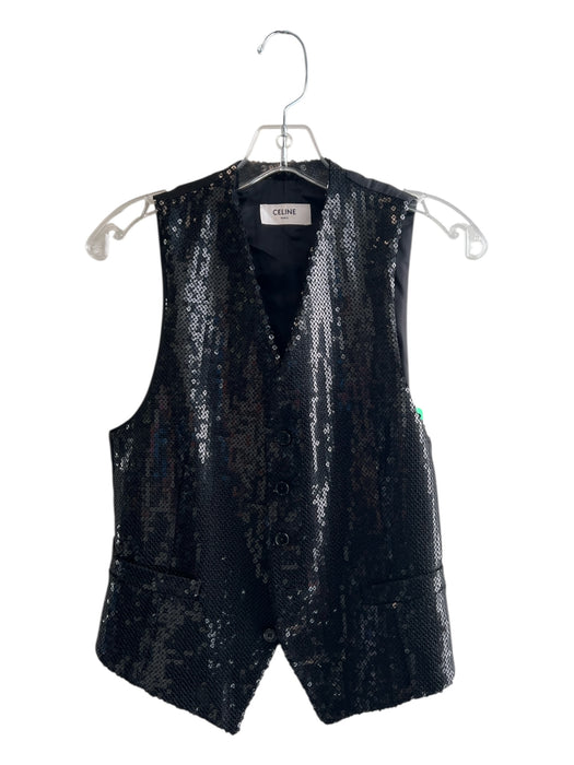 Celine Size 6 Black Polyester Sequin Front Button Closure V Neck Vest Black / 6