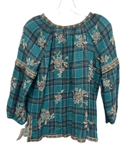 Johnny Was Size S Blue Green & Multi Cotton Long Sleeve Plaid Tassels Top Blue Green & Multi / S