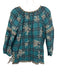 Johnny Was Size S Blue Green & Multi Cotton Long Sleeve Plaid Tassels Top Blue Green & Multi / S