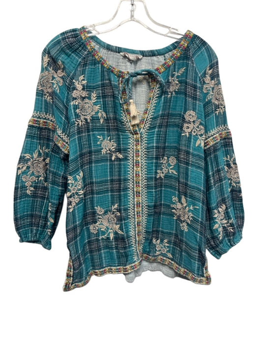 Johnny Was Size S Blue Green & Multi Cotton Long Sleeve Plaid Tassels Top Blue Green & Multi / S