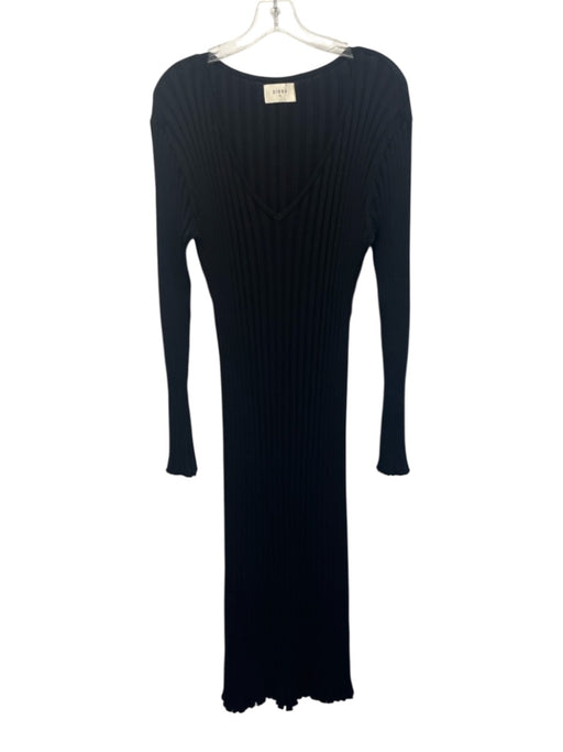 Dissh Size XL Black Viscose Blend Ribbed Knit Long Sleeve V Neck Waist Tie Dress Black / XL