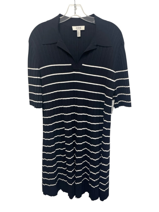 COS Size M Navy & white Viscose Blend Rib Knit Short Sleeve V Neck Dress Navy & white / M