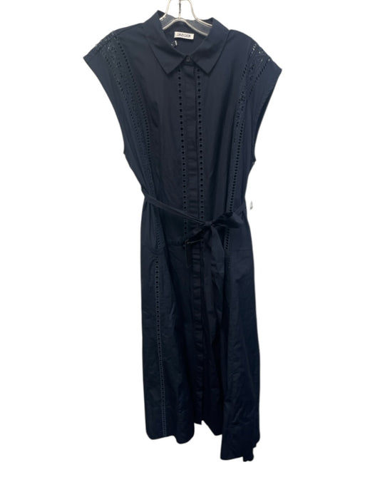 Jaeger Size 18 Navy Blue Cotton Sleeveless Ladder Lace Button Up Midi Dress Navy Blue / 18
