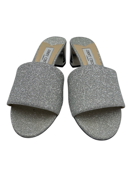 Jimmy Choo Shoe Size 40 / 9.5 Silver Leather Round Toe Glitter Slide Sandals Silver / 40 / 9.5