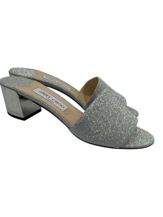 Jimmy Choo Shoe Size 40 / 9.5 Silver Leather Round Toe Glitter Slide Sandals Silver / 40 / 9.5