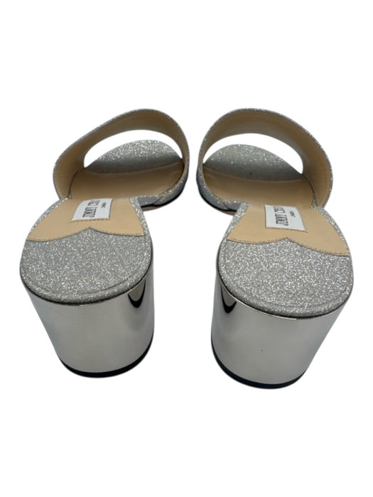 Jimmy Choo Shoe Size 40 / 9.5 Silver Leather Round Toe Glitter Slide Sandals Silver / 40 / 9.5