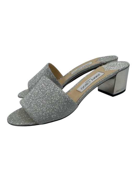 Jimmy Choo Shoe Size 40 / 9.5 Silver Leather Round Toe Glitter Slide Sandals Silver / 40 / 9.5