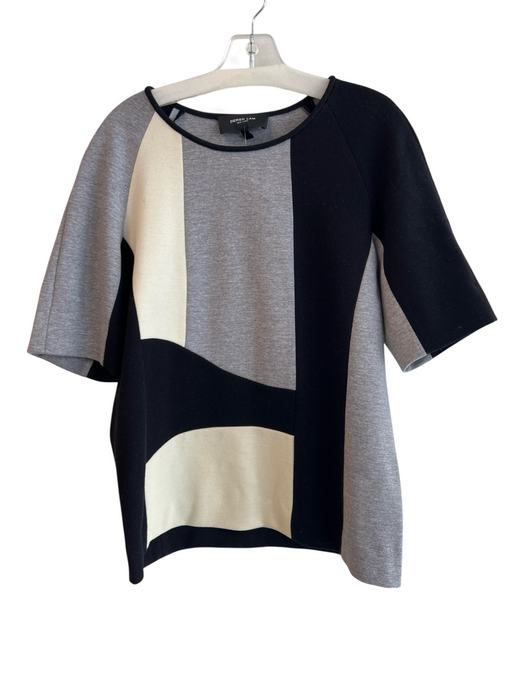 Derek Lam Size 8 Black Gray & Cream Wool Blend Boat Neck 1/2 Sleeve Top Black Gray & Cream / 8