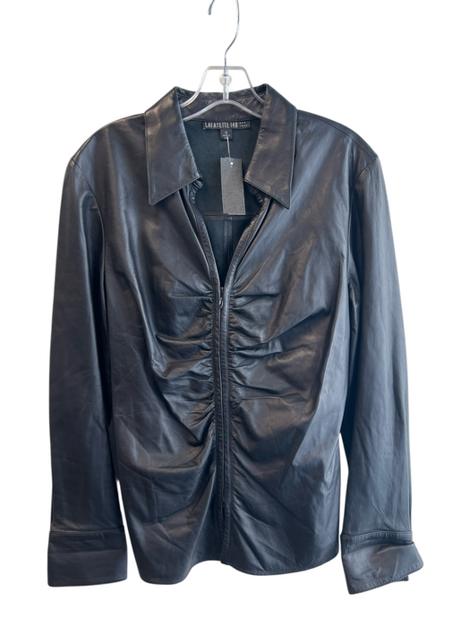 Lafayette 148 Size 12 Black Leather Collared V Neck Zip Close Jacket Black / 12