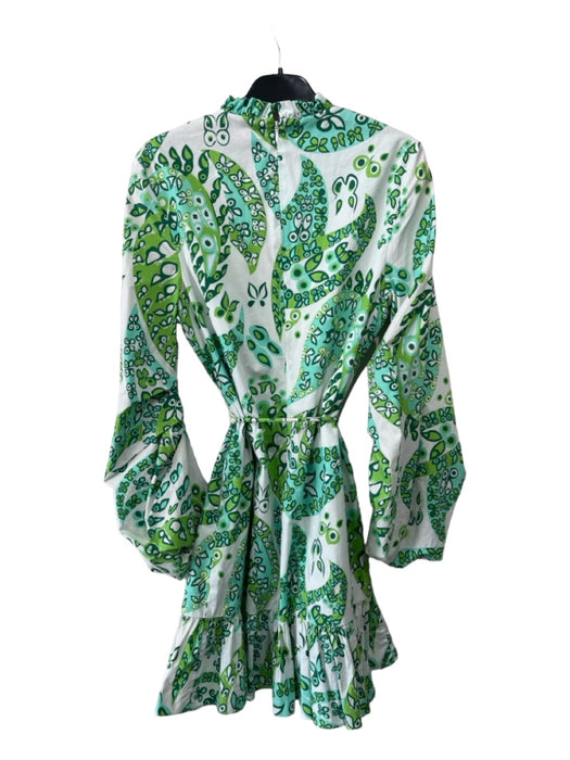 Staud Size 2 White & Green Cotton Blend Paisley Ruffle Neckline Ruffle Hem Dress White & Green / 2