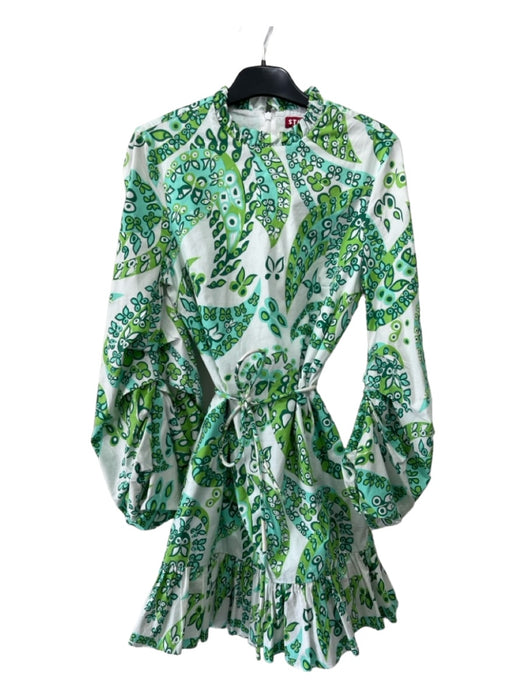 Staud Size 2 White & Green Cotton Blend Paisley Ruffle Neckline Ruffle Hem Dress White & Green / 2