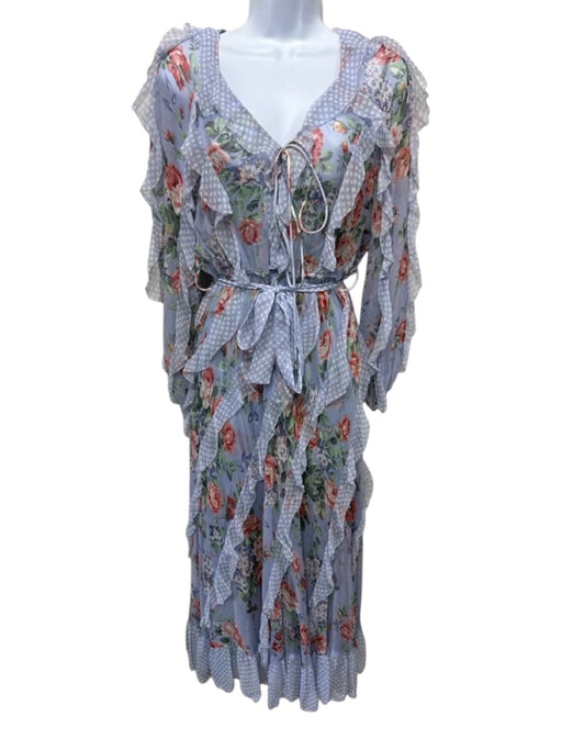 Zimmermann Size 1 Blue & Multi Silk floral print Polka Dot Slip Inc Ruffle Dress Blue & Multi / 1