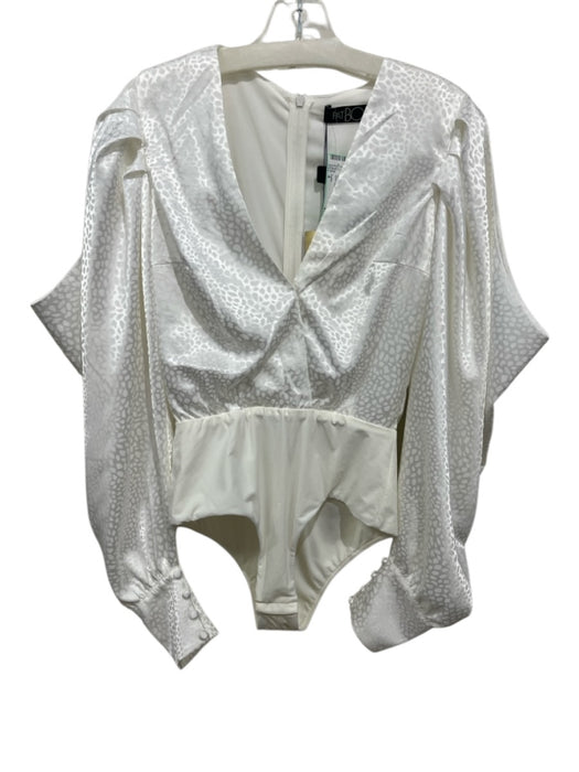 PatBo Size 4 White Poly Blend Leopard Print V Neck Satin Long Sleeve Bodysuit White / 4