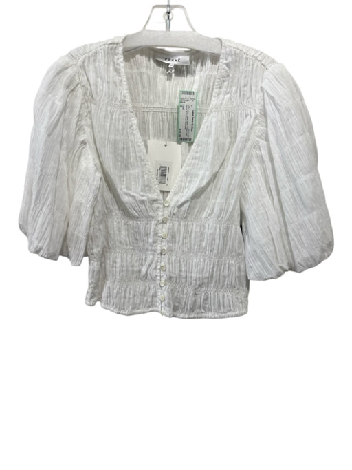 Frame Size S White Cotton Blend V Neck Puff Sleeve Button Front Top White / S