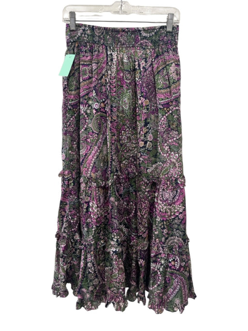 Cleobella Size S Purple & Multi Cotton Elastic Waist Printed Maxi Ruffles Skirt Purple & Multi / S