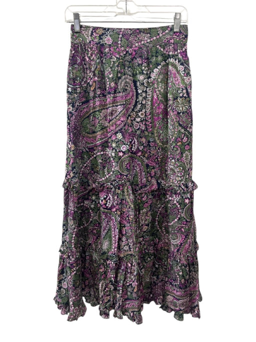 Cleobella Size S Purple & Multi Cotton Elastic Waist Printed Maxi Ruffles Skirt Purple & Multi / S
